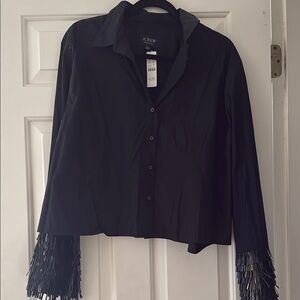 J.Crew Black Cropped Button-Up Shirt with Fringe Sleeves